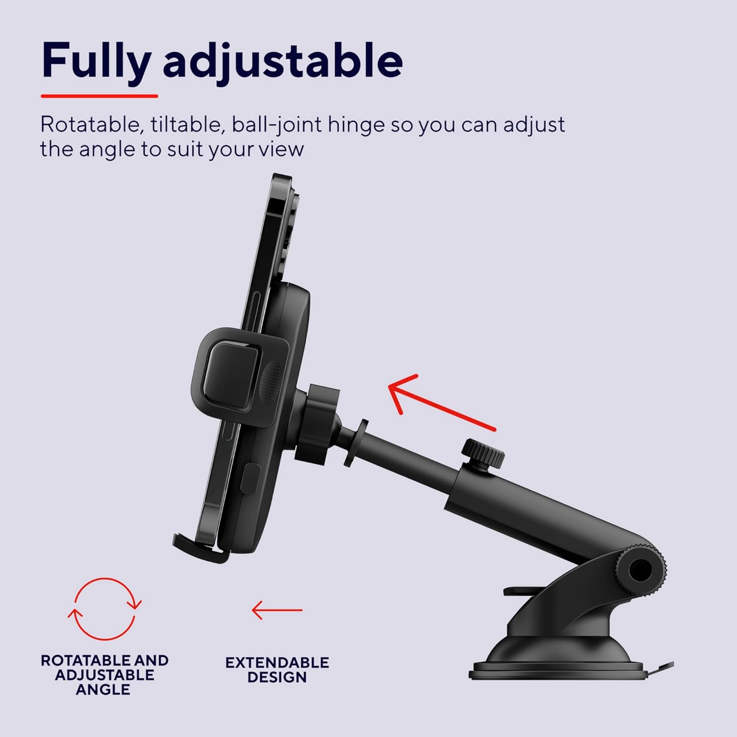 Trust Runo Car Phone Holder, Windshield Mount, Secure-fit, Quick Release Button, Rubberised Back Clamp, Rotatable Mount Compatible with iPhone, Samsung and Other 55-100 mm – Black