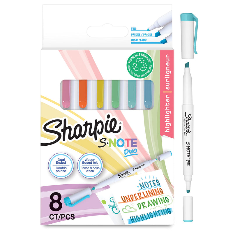 Sharpie S-Note Duo Highlighters | Dual Ended Pastel Creative Markers | Bullet & Chisel Tip for Highlighting, Drawing, Journaling & More | 8 Count
