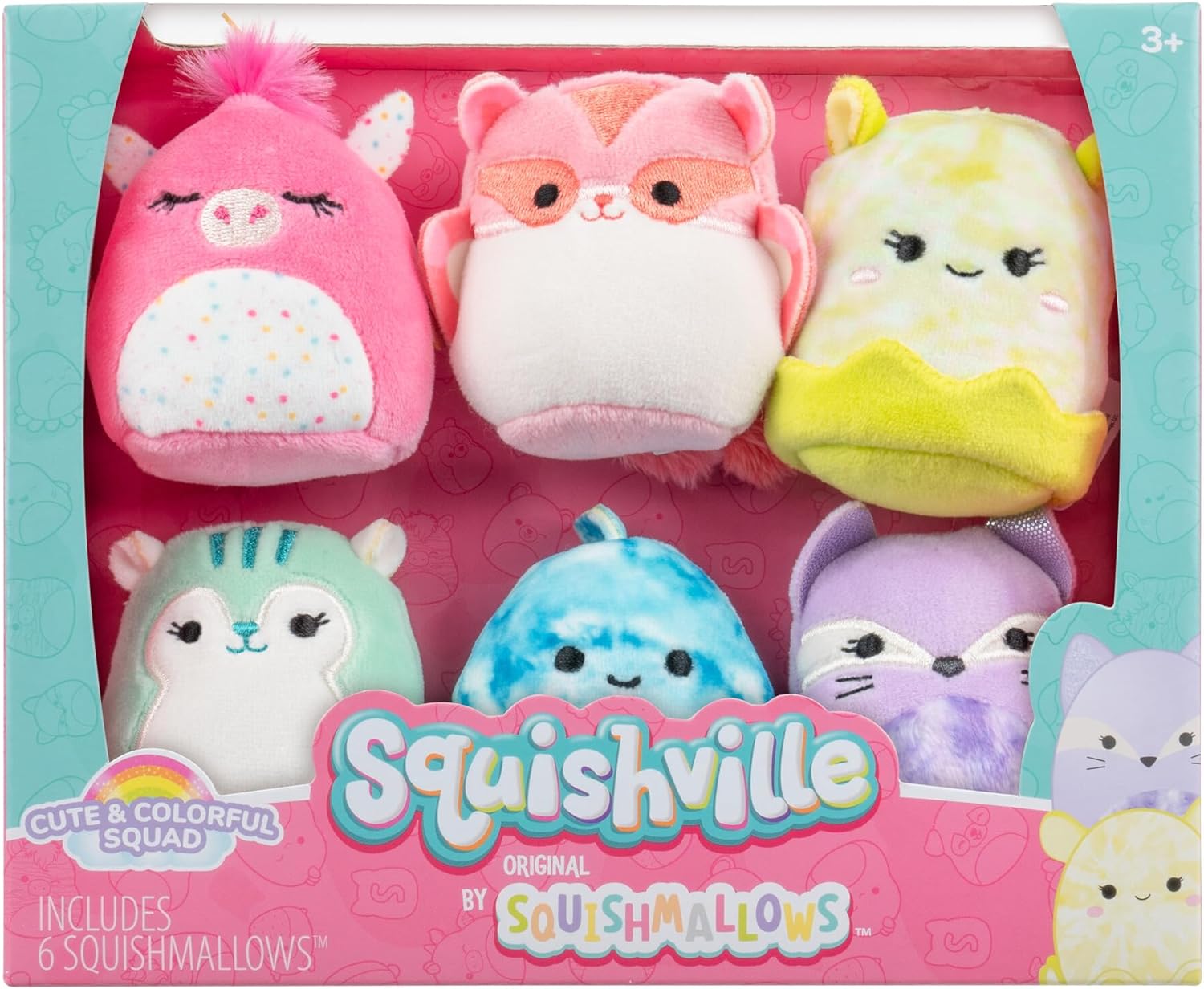 Squishville by Original Squishmallows Cute & Colourful Squad Plush - Six 2-Inch Squishmallows Plush Including Annalise, Duna, Fuyuki, Danika, Lemora, and Rayn - Toys for Kids