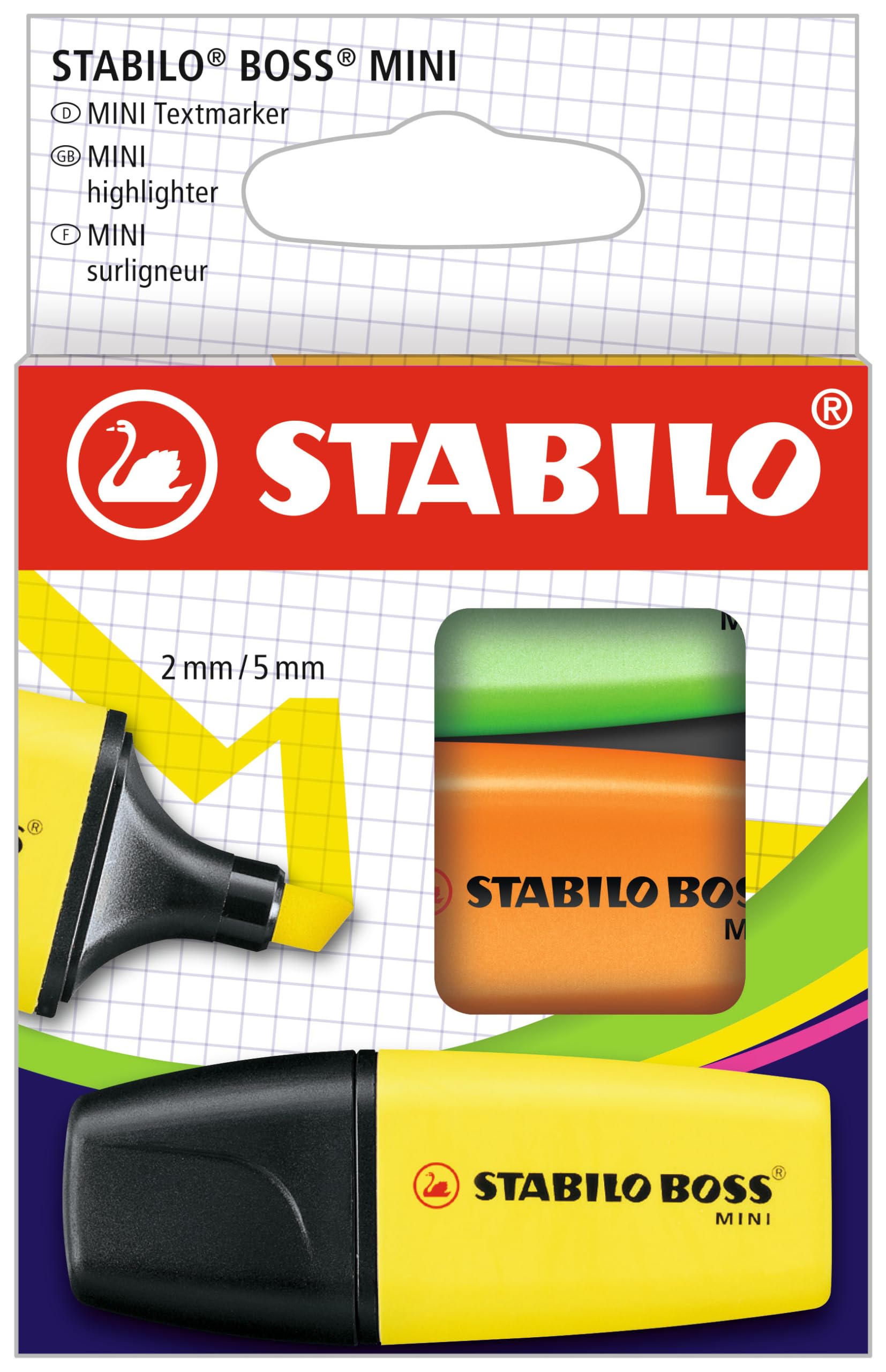 Highlighter - STABILO BOSS MINI - Pack of 3 - Yellow, Orange, Green Pack of 3 Yellow, Orange, Green