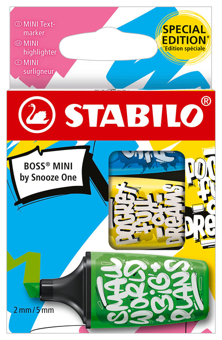 Highlighter - STABILO BOSS MINI by Snooze One - Pack of 3 - Blue, Yellow, Green Pack of 3 Blue, Yellow, Green