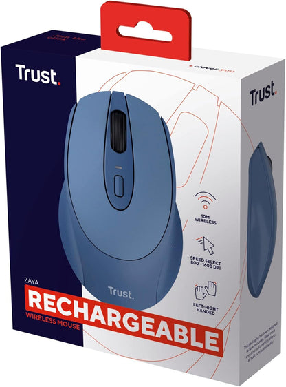 Trust Zaya Rechargeable Wireless Mouse for Laptop, 800-1600 DPI, RF 2.4GHz, Storable USB Micro Receiver, For Left and Right Hand Users, Compact Optical Computer Mouse for PC, Mac, Home Office - Blue