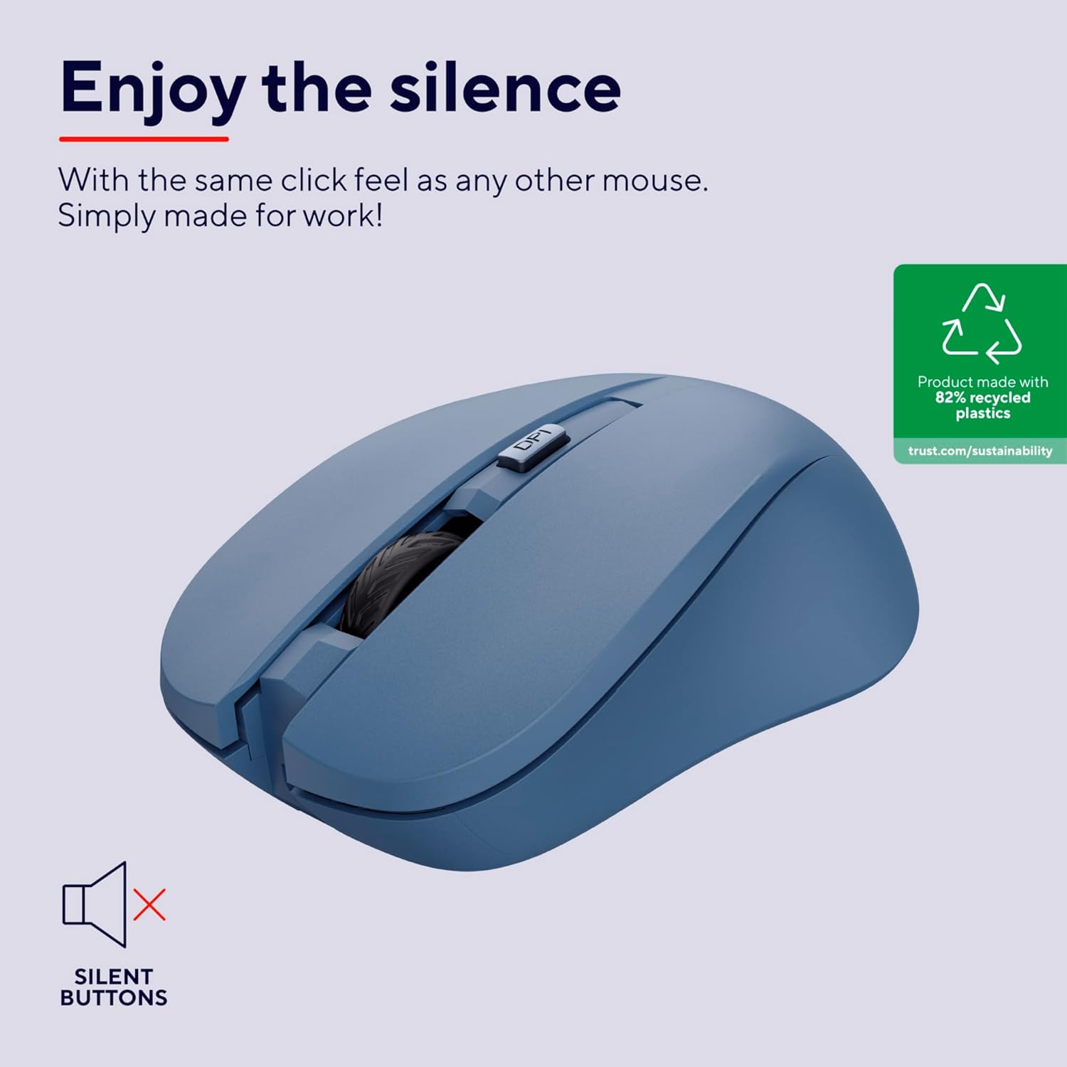 Trust Mydo Silent Wireless Mouse, 82% Recycled Plastics, 1000-1800 DPI, Storable USB Receiver, RF 2.4GHz, For Left and Right Hand Users, Quiet Optical Computer Mouse for PC, Laptop, Mac