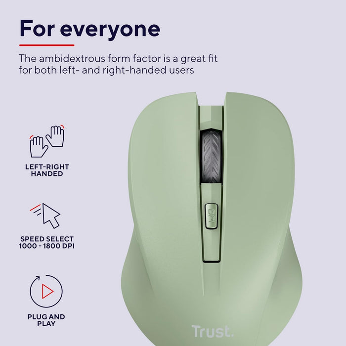 Trust Mydo Silent Wireless Mouse, 82% Recycled Plastics, 1000-1800 DPI, Storable USB Receiver, RF 2.4GHz, For Left and Right Hand Users, Quiet Optical Computer Mouse for PC, Laptop, Mac