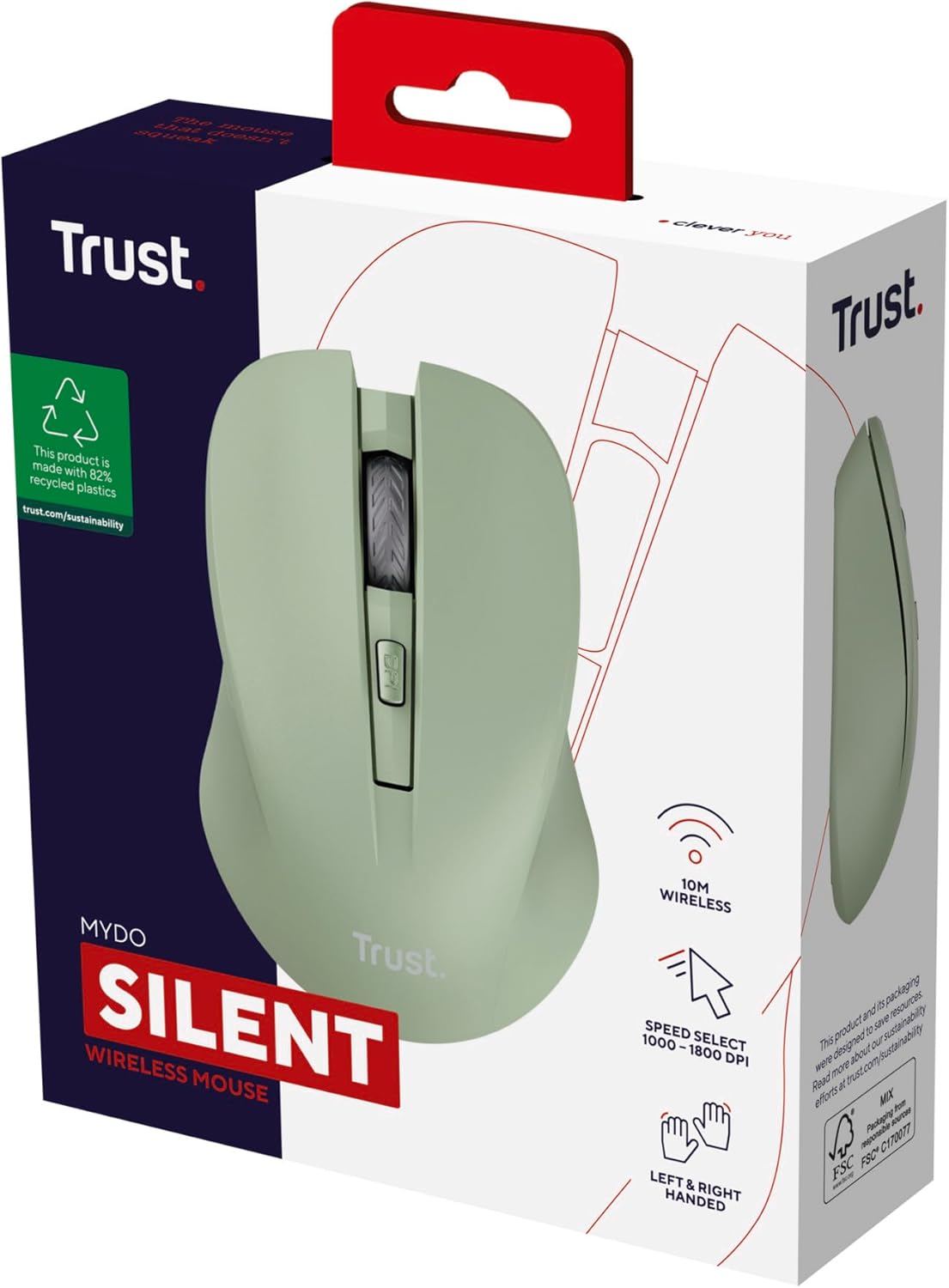Trust Mydo Silent Wireless Mouse, 82% Recycled Plastics, 1000-1800 DPI, Storable USB Receiver, RF 2.4GHz, For Left and Right Hand Users, Quiet Optical Computer Mouse for PC, Laptop, Mac