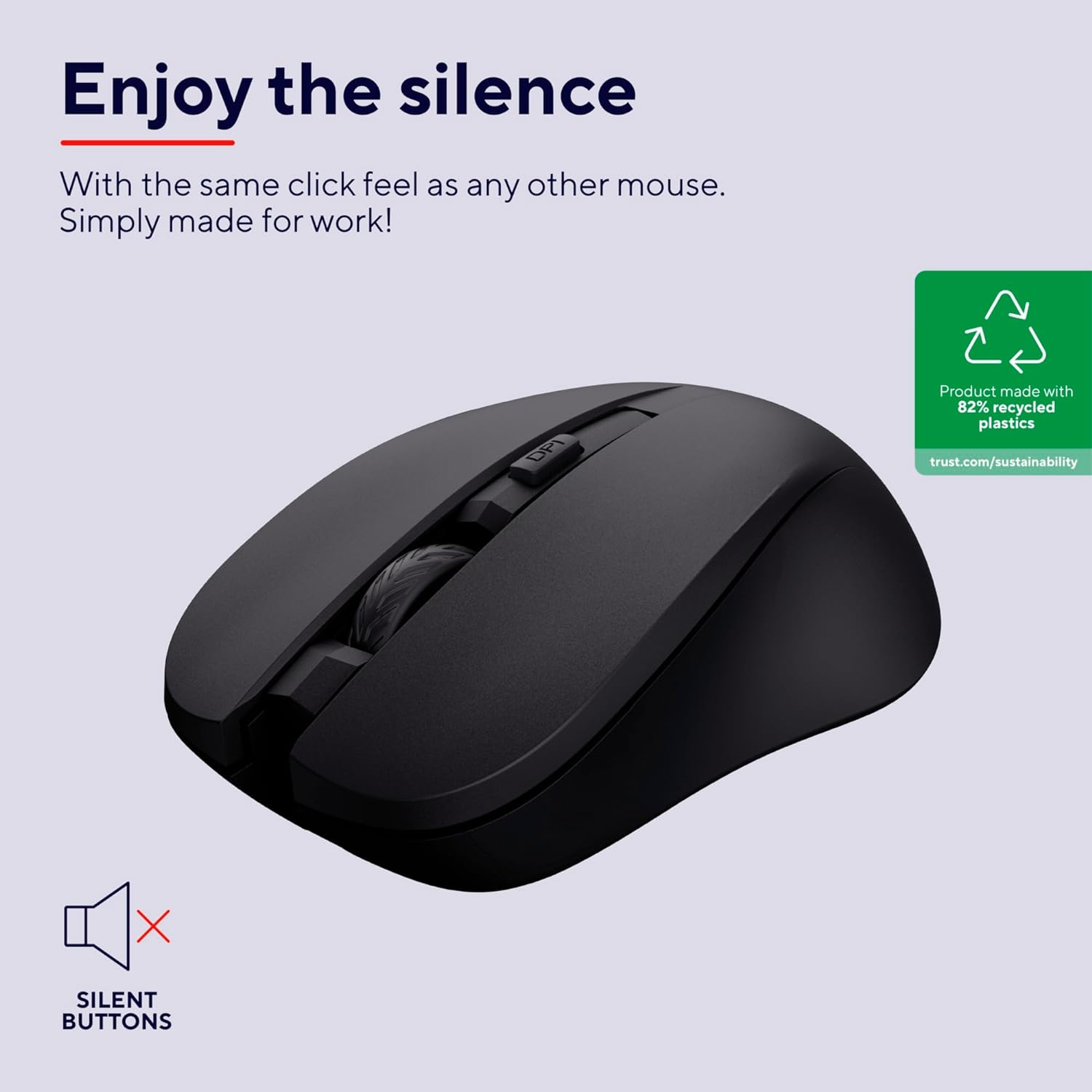 Trust Mydo Silent Wireless Mouse, 82% Recycled Plastics, 1000-1800 DPI, Storable USB Receiver, RF 2.4GHz, For Left and Right Hand Users, Quiet Optical Computer Mouse for PC, Laptop, Mac