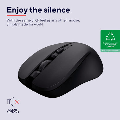 Trust Mydo Silent Wireless Mouse, 82% Recycled Plastics, 1000-1800 DPI, Storable USB Receiver, RF 2.4GHz, For Left and Right Hand Users, Quiet Optical Computer Mouse for PC, Laptop, Mac