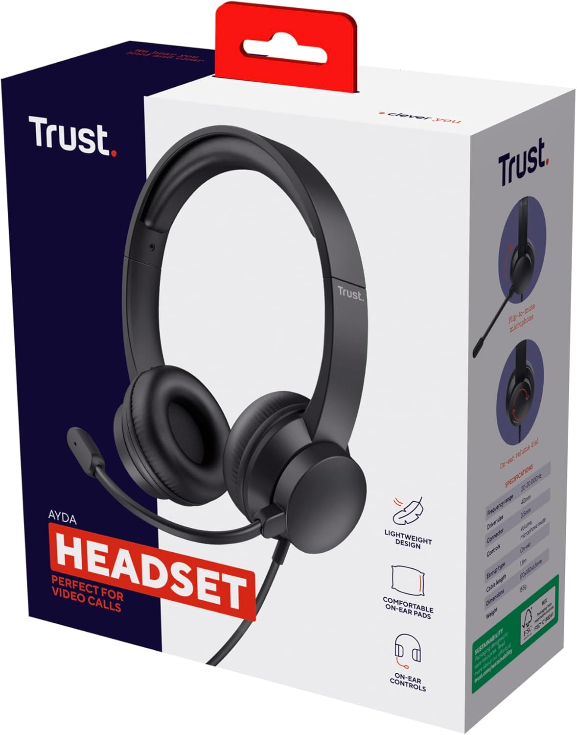 Trust Ayda On-Ear PC Headset with Mic 3.5mm, Lightweight Design, Adjustable Headband, 1.8m Cable, Wired Headphones with Microphone for Computer, Laptop, Desktop, Mac, Home Office, Zoom, Teams - Black