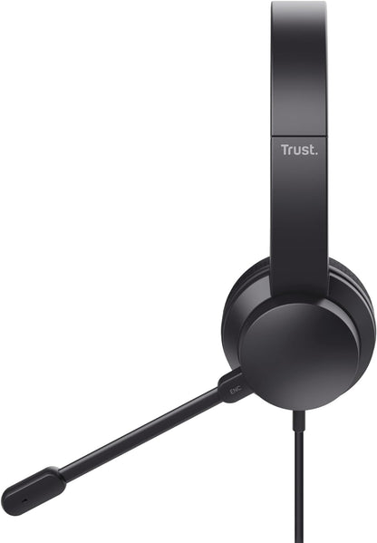 Trust Ayda On-Ear USB PC Headset with ENC Noise Cancelling Microphone, Lightweight Design, 65% Recycled Plastic, 1.8m Cable, Wired USB C Headphones with Mic for Computer, Laptop, Mac, Teams - Black