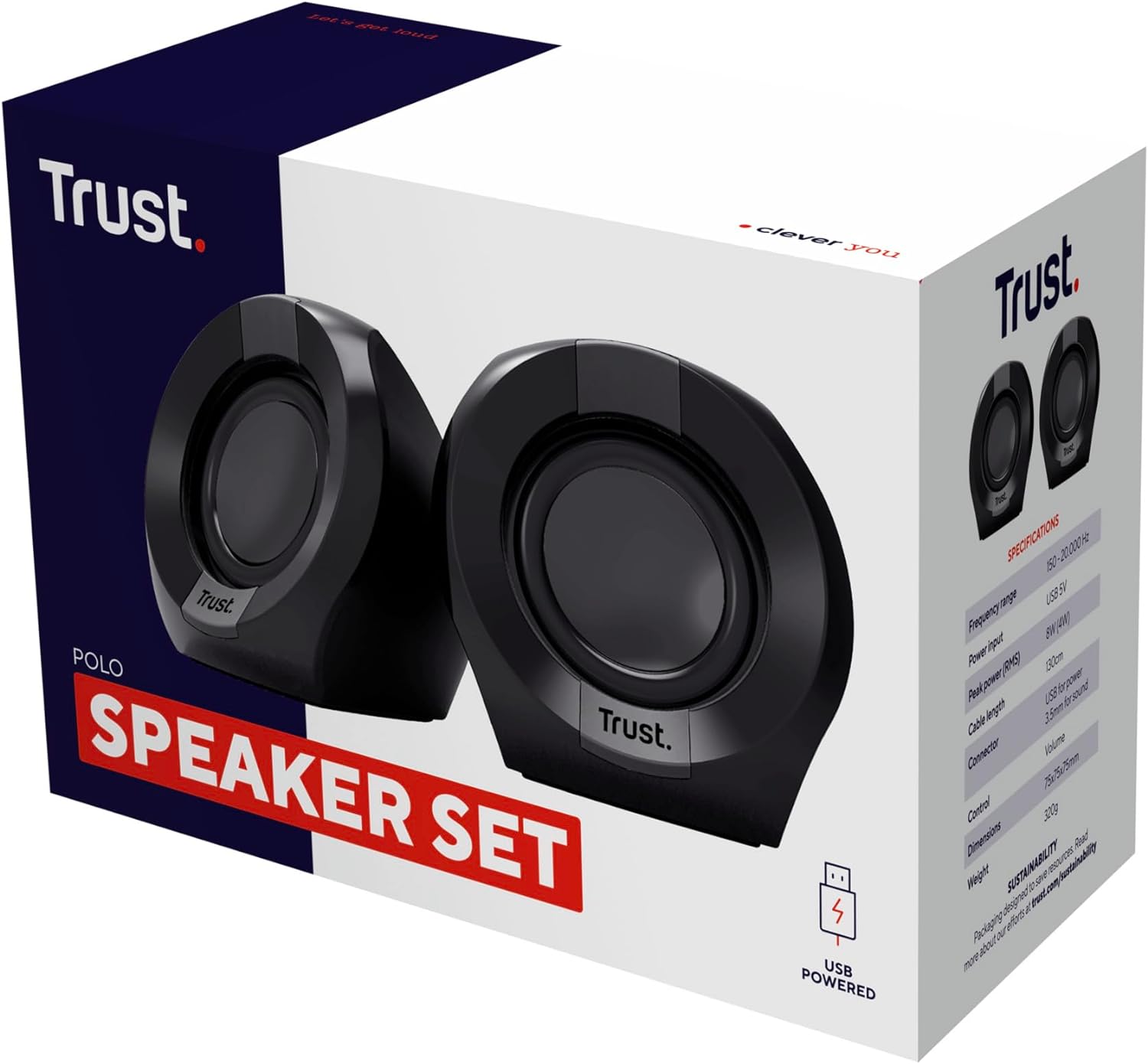 Trust Polo Compact PC Speakers 2.0, 8W (4W RMS), USB Powered Speaker Set, Jack AUX 3.5mm, Inline Control, Small Stereo Computer Speakers for PC Desktop/Laptop - Black