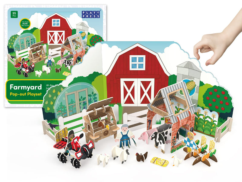 PLAYPRESS Farmyard Pop-out Build and Play Playset - One of the UK's Most Popular Farm Toys - Interactive 3D Construction Toy - 12 Animals and Characters - Eco-Friendly - Foldable - Ages 4 and Over