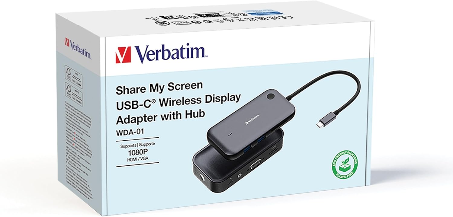 Verbatim Share My Screen USB-C Wireless Display Adapter 1080P with Hub WDA-01