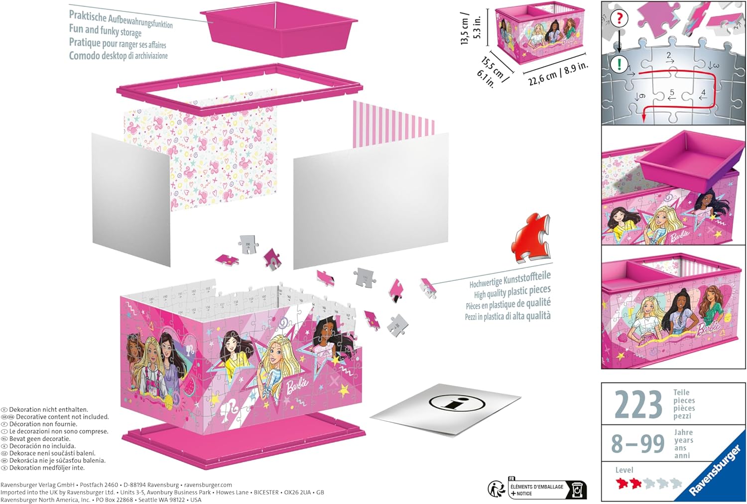 Ravensburger - Puzzle 3D Boite de rangement - Pot à crayons - Barbie - A partir de 8 ans - 216 pièces numérotées à assembler sans colle - Accessoires de finition inclus - 11584