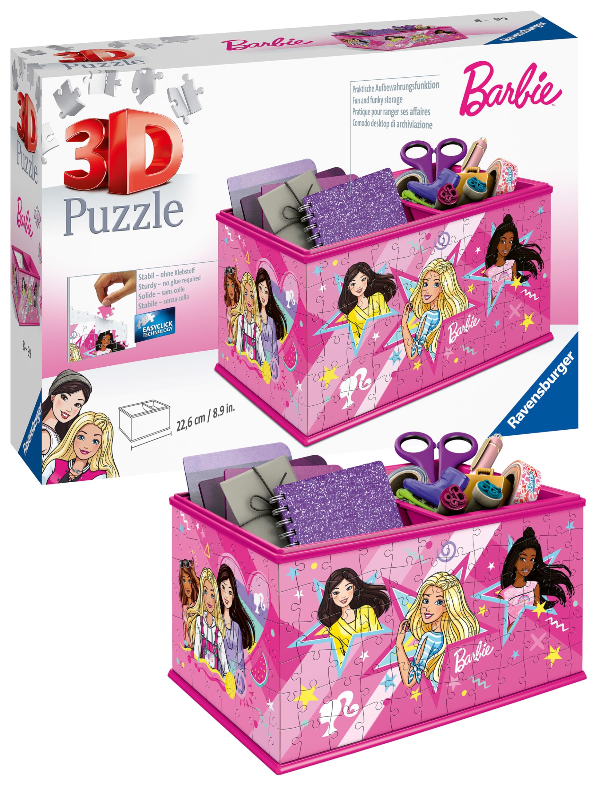 Ravensburger - Puzzle 3D Boite de rangement - Pot à crayons - Barbie - A partir de 8 ans - 216 pièces numérotées à assembler sans colle - Accessoires de finition inclus - 11584
