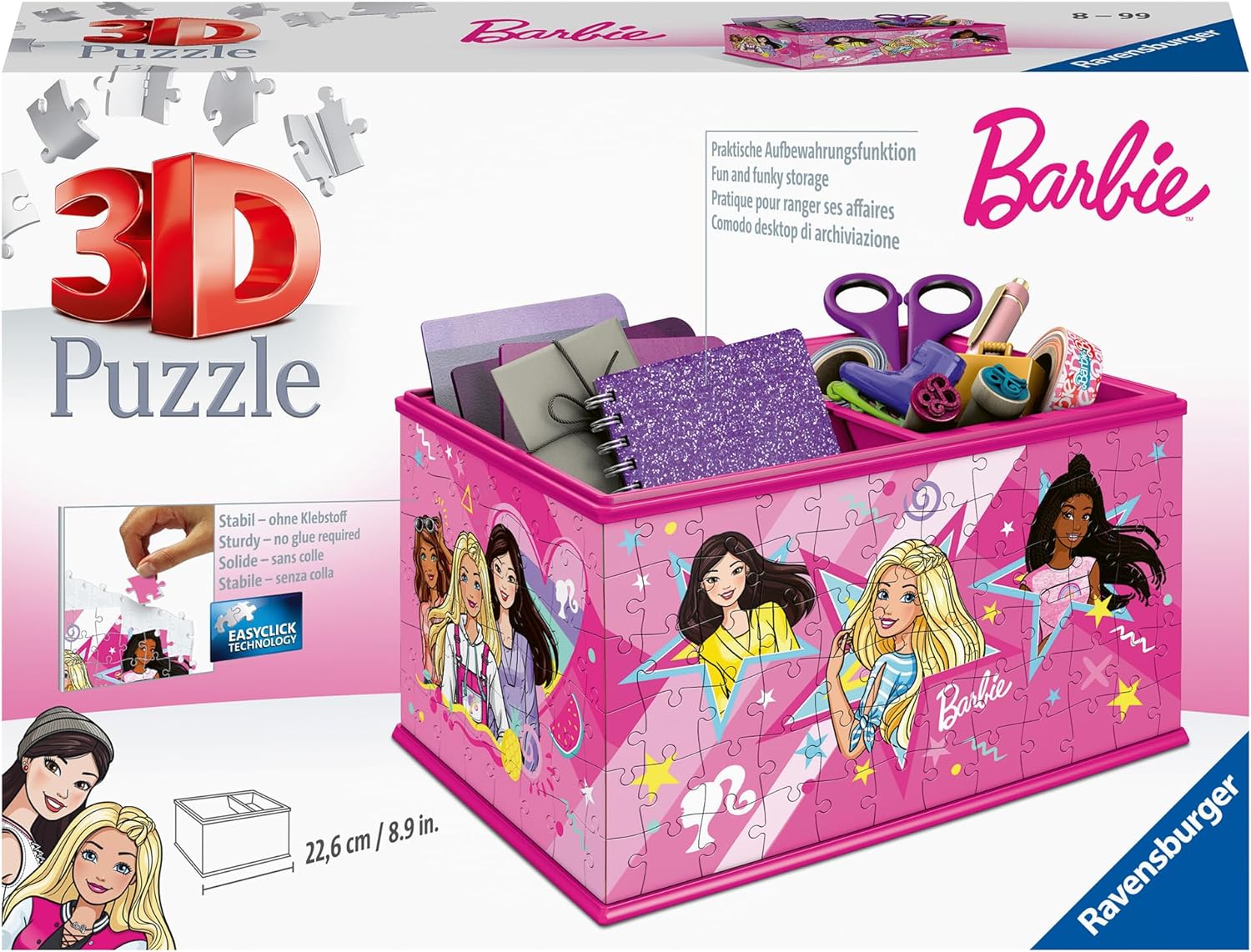 Ravensburger - Puzzle 3D Boite de rangement - Pot à crayons - Barbie - A partir de 8 ans - 216 pièces numérotées à assembler sans colle - Accessoires de finition inclus - 11584