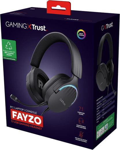 Trust Gaming GXT 490 Fayzo 7.1 USB Gaming Headset, 85% Recycled Plastics, Surround Sound, 50mm Drivers, 2m Cable, RGB Over-Ear Wired Headphones with Noise Canceling Microphone for PC - Black