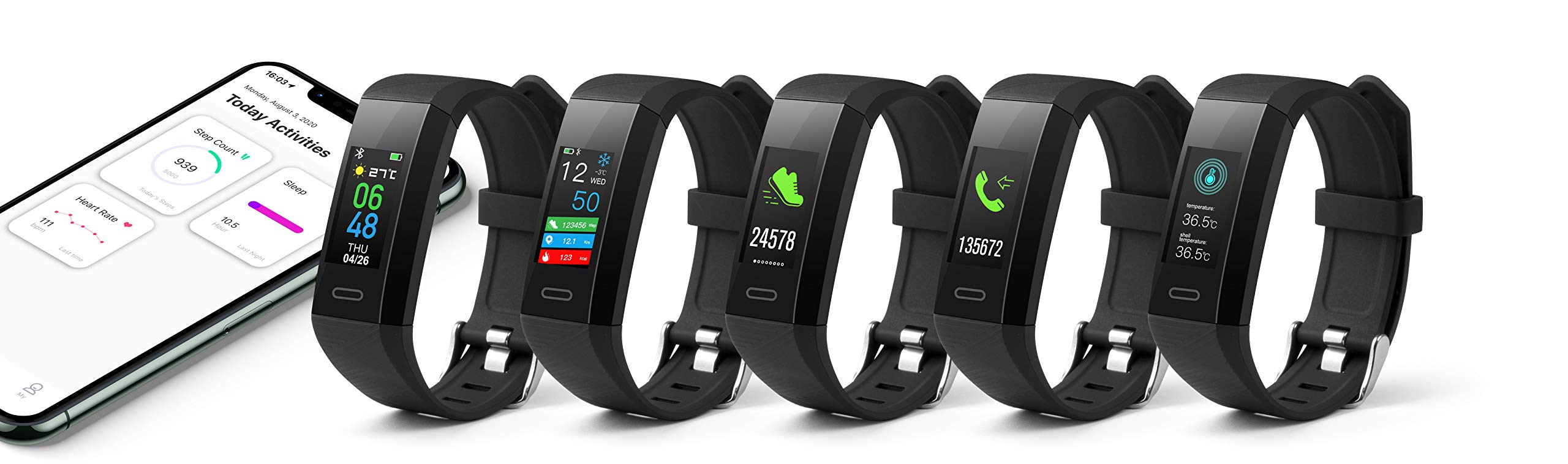Technaxx Germany Bluetooth Fitness Tracker Exercise Watch Smart Band Activity Tracker with Temperature Heart Rate & Sleep Monitor TX-HR7
