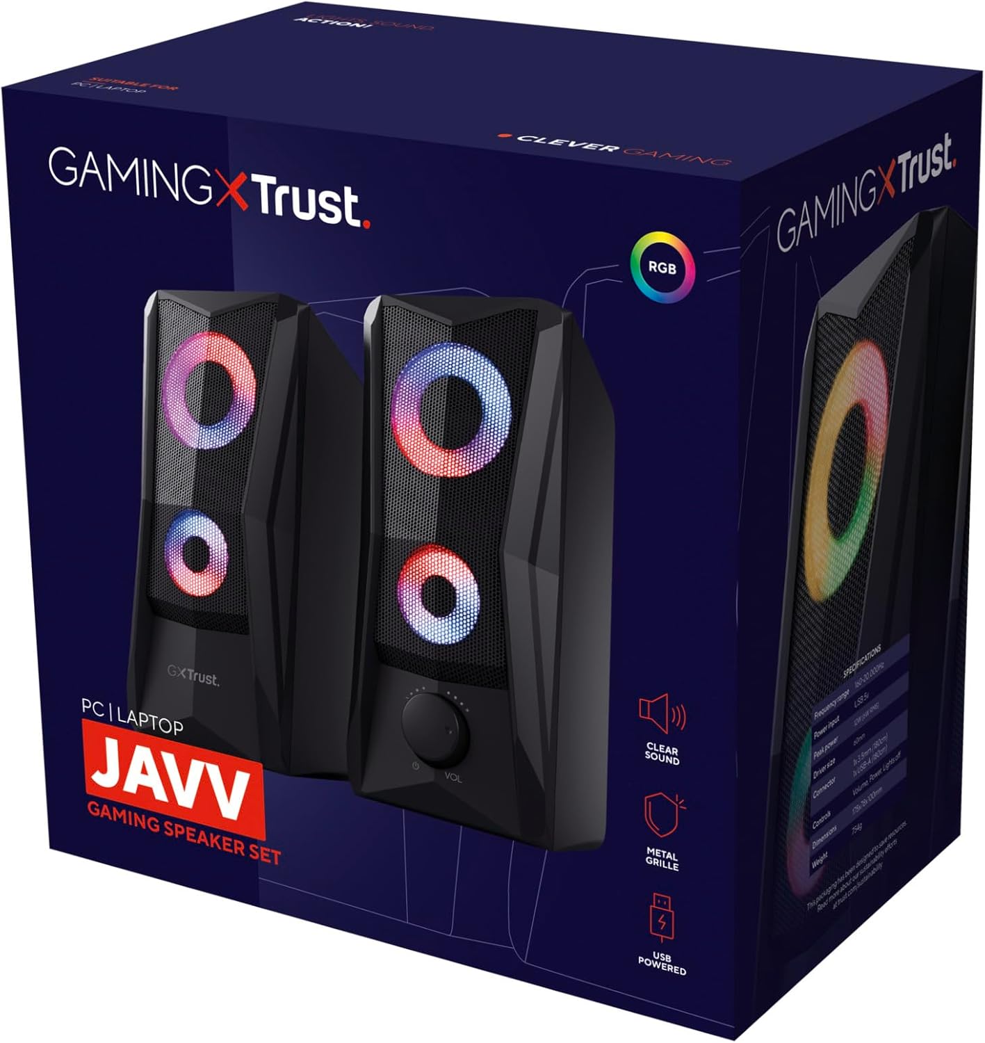 Trust Gaming GXT 606B Javv PC Speakers 2.0 with RGB Lights, 12W (6W RMS), 3.5 mm Jack, Metal Grille, USB Powered Gamer Sound System, Compact Stereo Computer Speakers for Desktop/Laptop