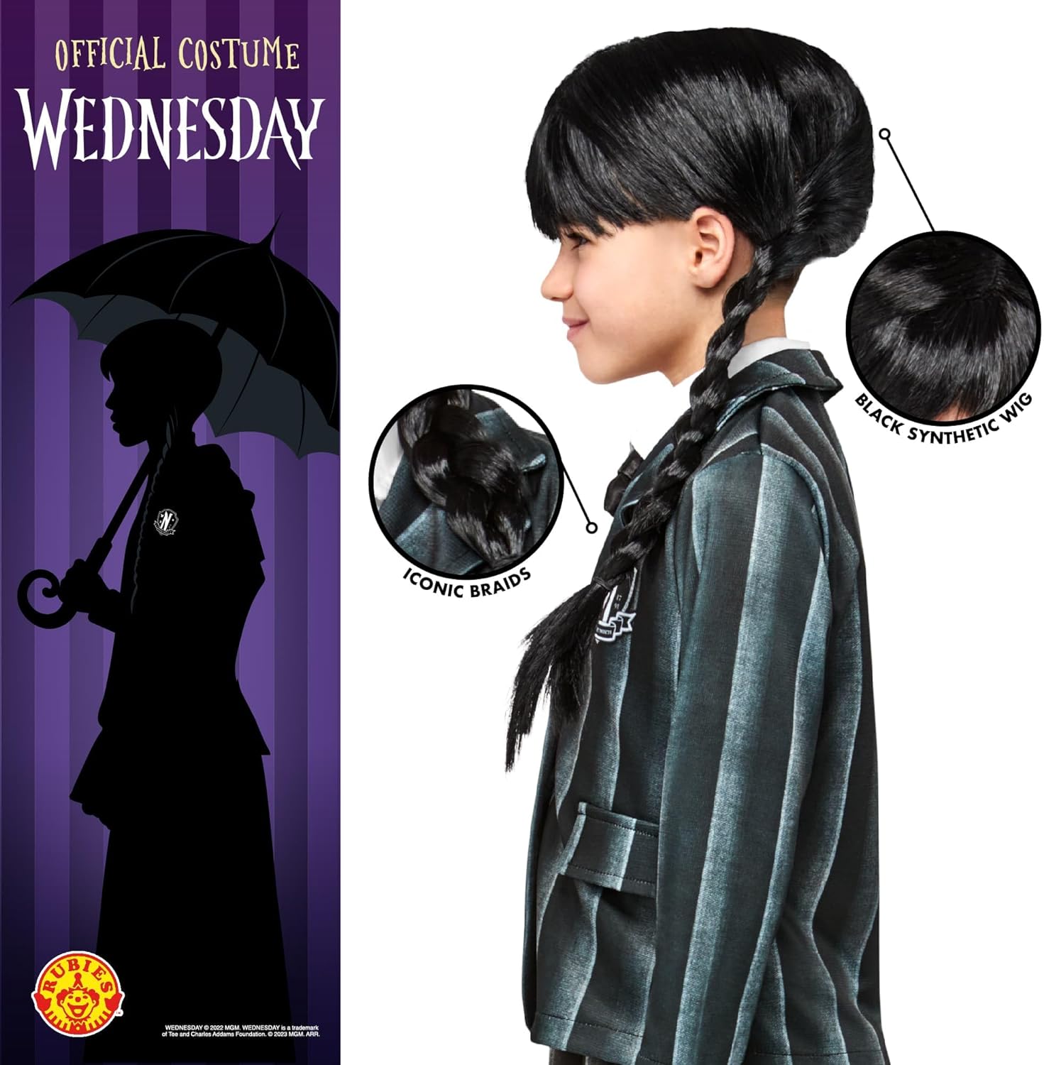 Rubie's Official Wednesday Addams Girls Wig, Kids Fancy Dress
