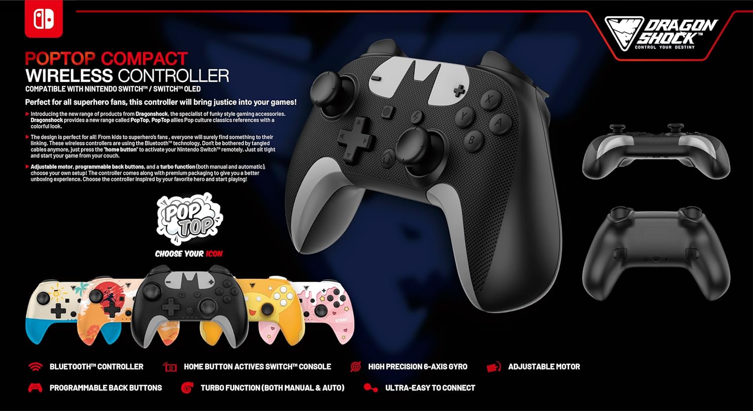 DragonShock - POPTOP COMPACT BT - Pika Compact Wireless Bluetooth Controller compatible Nintendo Switch - Switch Lite - Switch OLED
