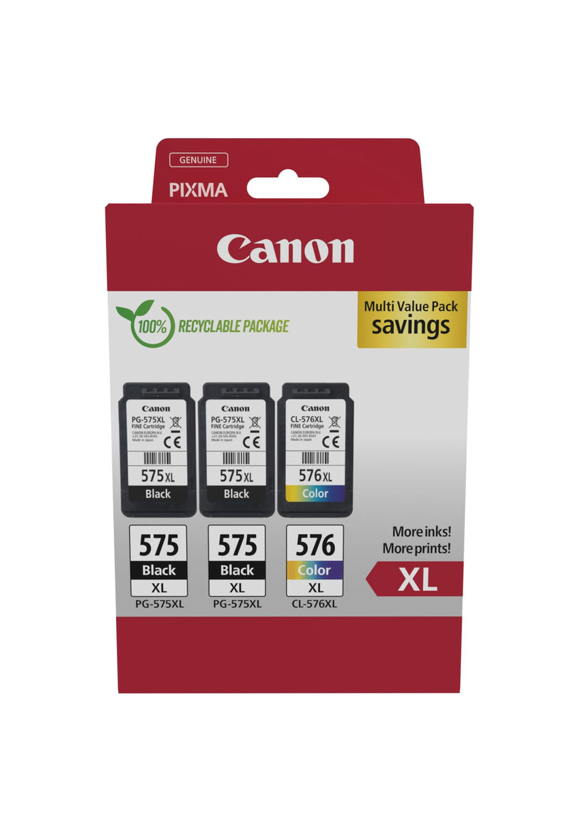 Canon PG-575XL x 2 / CL-576XL High Yield Genuine Ink Cartridges, Pack of 3 (2 x Black, 1 x Colour) - Cardboard Multipack