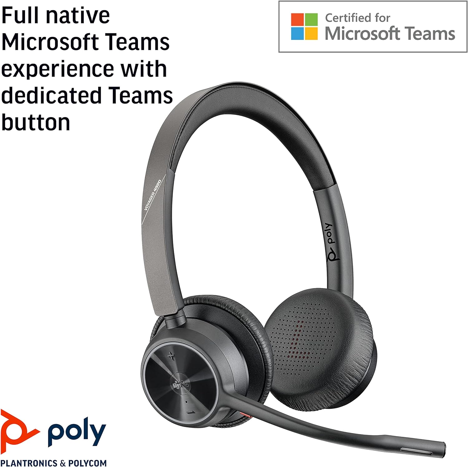 Poly - Voyager 4320 UC Wireless Headset (Plantronics) - Headphones with Boom Mic - Connect to PC/Mac via USB-A Bluetooth Adapter, Cell Phone via Bluetooth - Works with Teams (Certified), Zoom & More