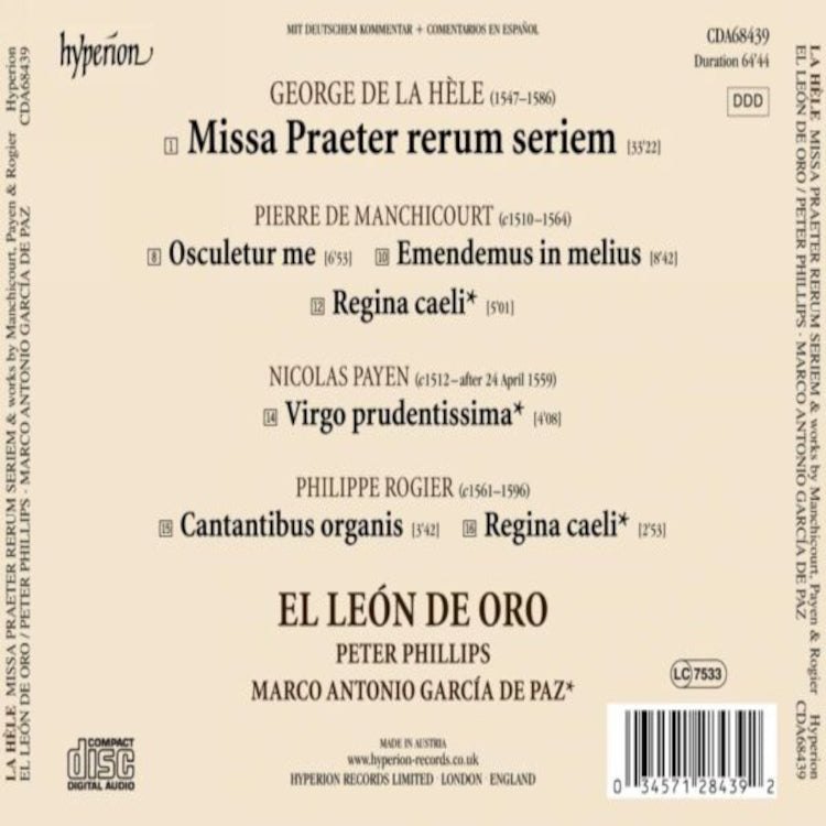 George De La Hèle: Missa Praeter Rerum Seriem: & Works By Manchicourt, Payen & Rogier