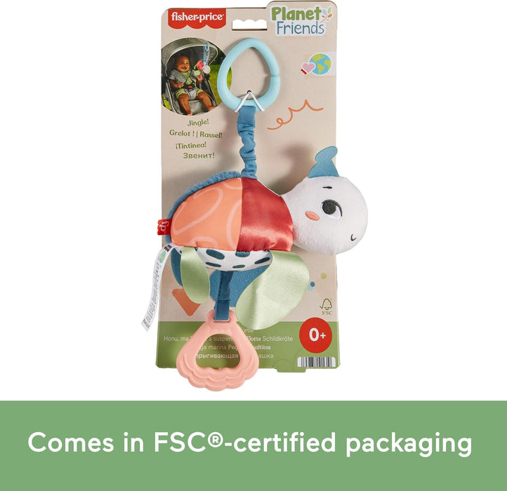 Fisher-Price Baby Stroller Toy Planet Friends Sea Me Bounce Turtle with Teether, Bouncing Motion & Sounds for Newborns, Made of 80% recycled Plastic and FSC certified packaging, HKD62