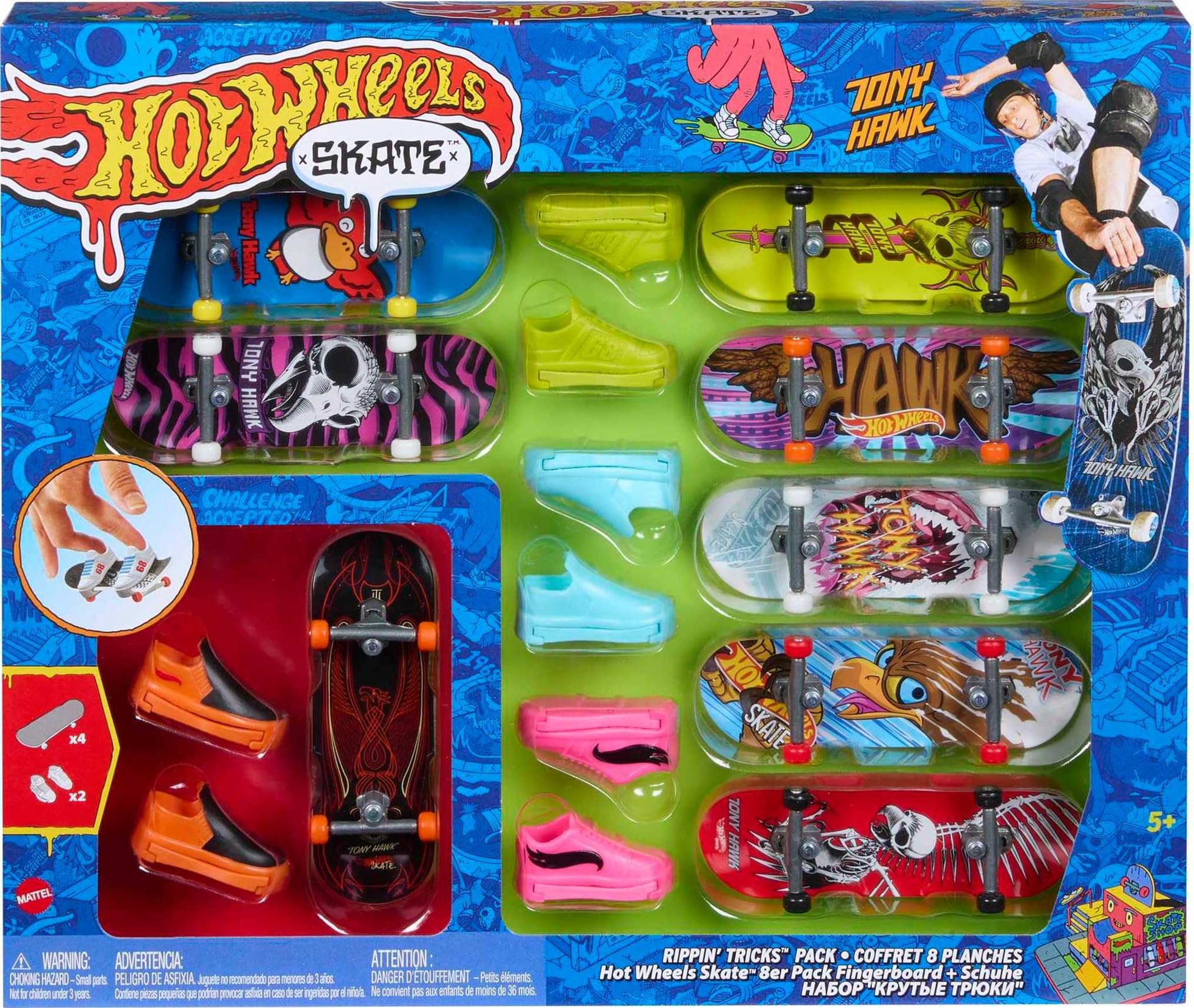 Hot Wheels 8 Tablas de Skate con 4 Pares de Zapatillas para Dedos, monopatín de Juguete, +5 años (Mattel HMY19