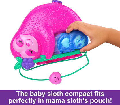 Polly Pocket Playset and Travel Toy with 2 Micro Dolls and 12 Accessories, Animal Toy, Sloth 2-in-1 Purse Compact Sloth Family Gift Set 2-in-1