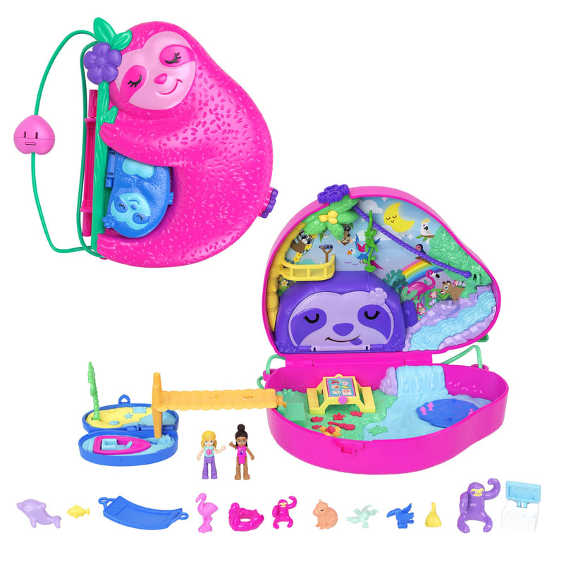 Polly Pocket Playset and Travel Toy with 2 Micro Dolls and 12 Accessories, Animal Toy, Sloth 2-in-1 Purse Compact Sloth Family Gift Set 2-in-1