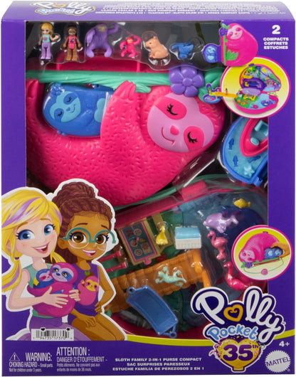 Polly Pocket Playset and Travel Toy with 2 Micro Dolls and 12 Accessories, Animal Toy, Sloth 2-in-1 Purse Compact Sloth Family Gift Set 2-in-1