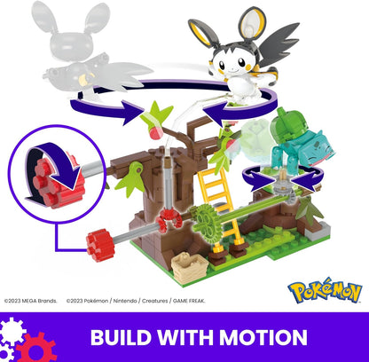 MEGA Pokémon Adventure Builder - erlebnisreiches Bauset mit 194 Teilen, beweglichen Pokémon Emolga und Bisasam, fähig zu Flugbewegungen, für Kinder ab 7 Jahren, HTH69