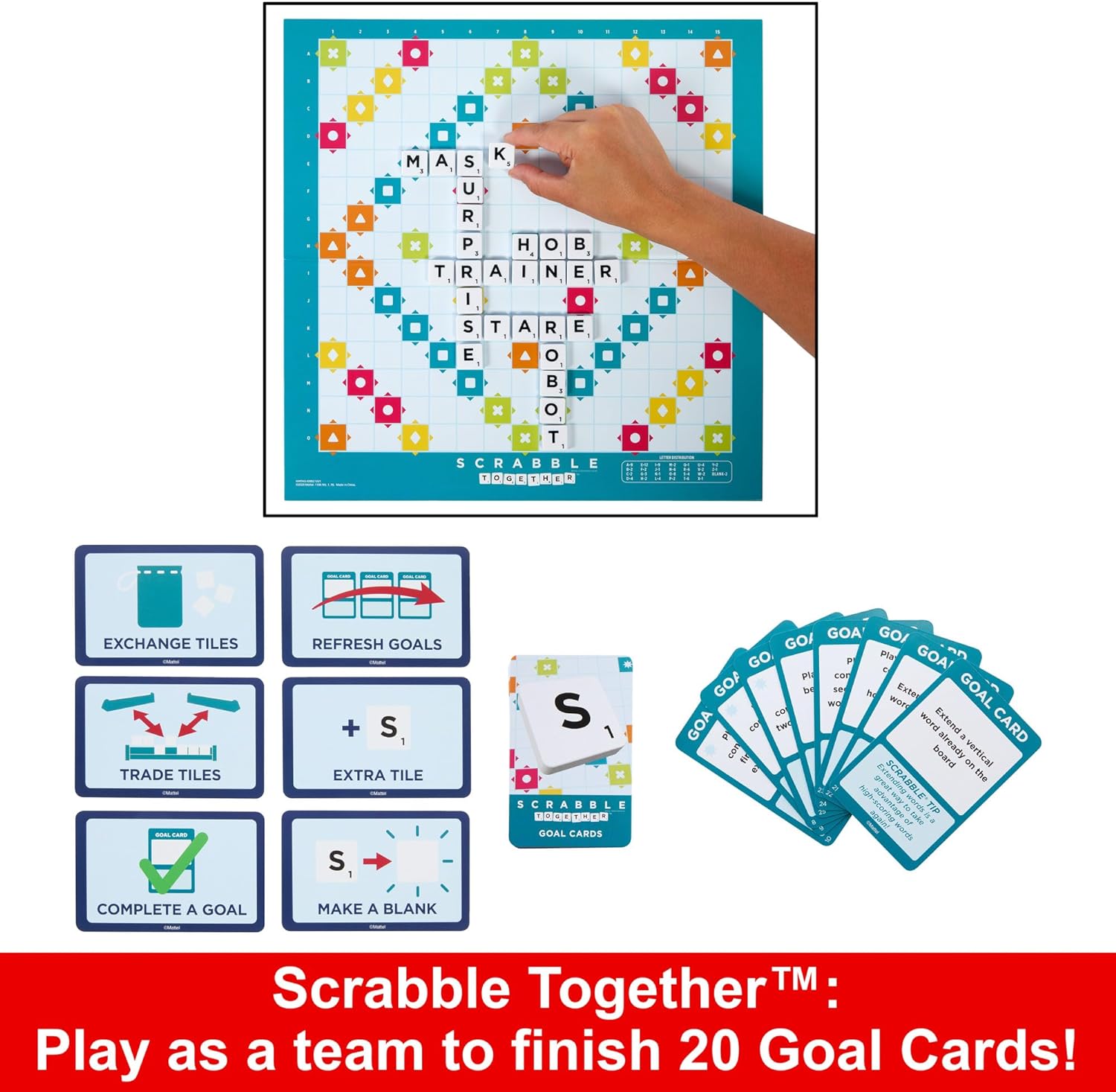 Mattel Games Scrabble Board Game, Family Word Game with Two Ways to Play, includes 50 Goal Cards that Teach Scrabble Basics for 2-4 Players, UK Version, HWD43