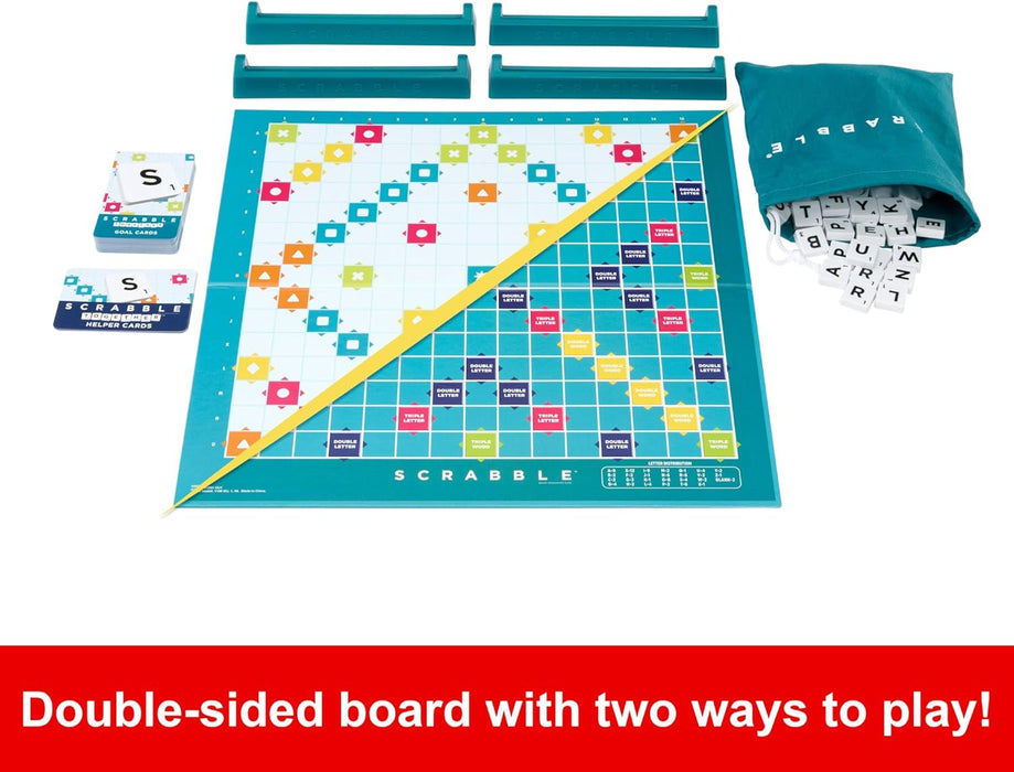 Mattel Games Scrabble Board Game, Family Word Game with Two Ways to Play, includes 50 Goal Cards that Teach Scrabble Basics for 2-4 Players, UK Version, HWD43