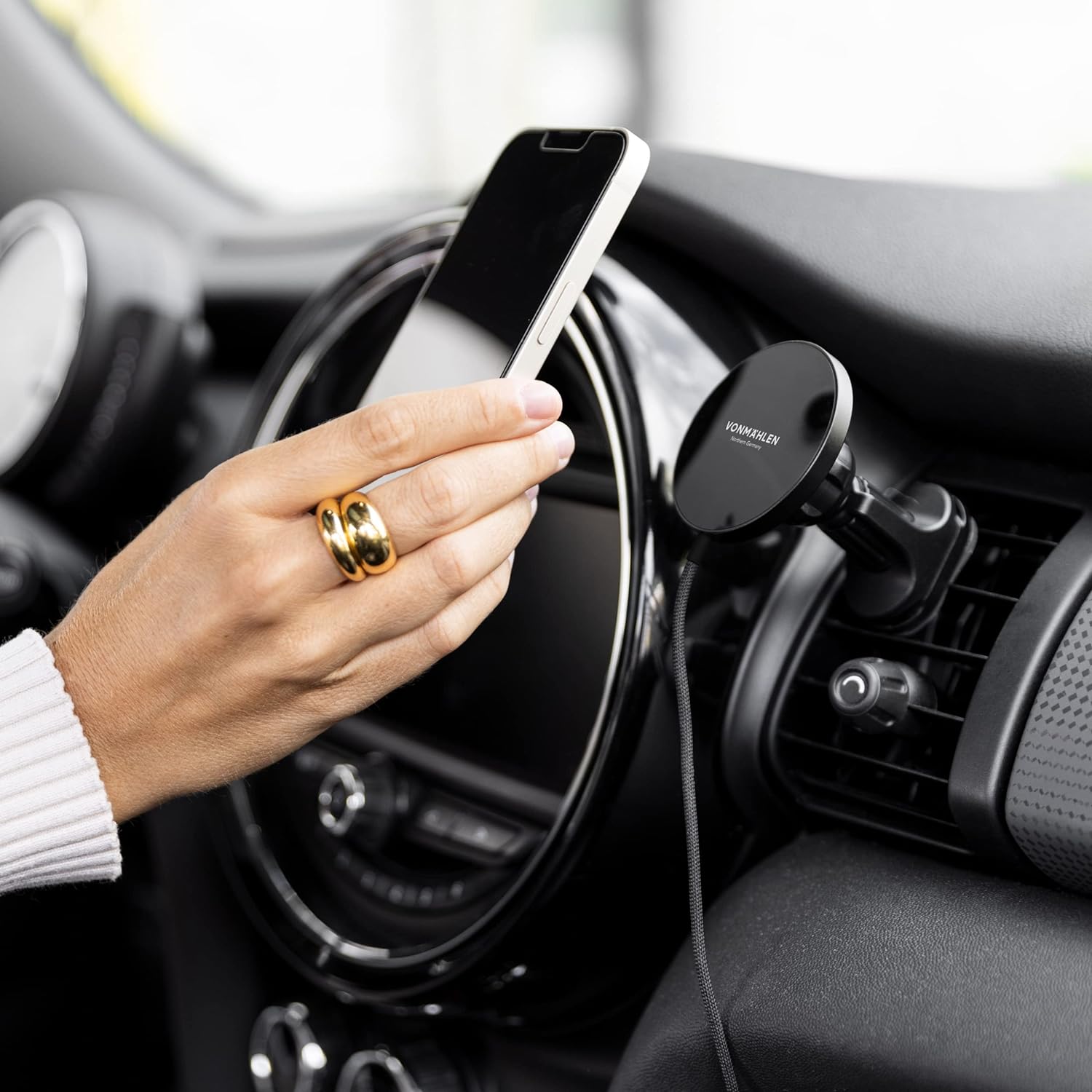 Aura Car Magnetic Charger with Mobile Phone Holder for Car - Wireless Charging Pad Compatible with All MagSafe Enabled Devices - Charging Pad for Inductive Charging up to 15W (Black)