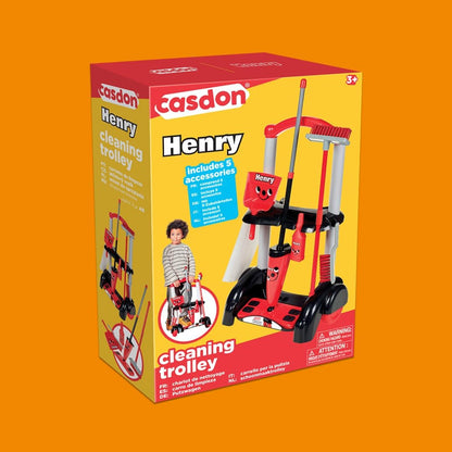 Casdon Henry & Hetty Toys - Henry Cleaning Trolley - Red Henry-Inspired Toy Playset with Mop, Brushes, Dustpan, & Accessories - Kids Cleaning Trolley Set - For Children Aged 3+