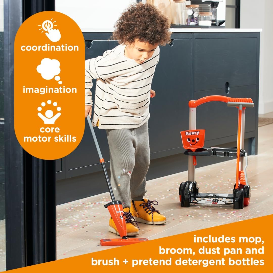 Casdon Henry & Hetty Toys - Henry Cleaning Trolley - Red Henry-Inspired Toy Playset with Mop, Brushes, Dustpan, & Accessories - Kids Cleaning Trolley Set - For Children Aged 3+