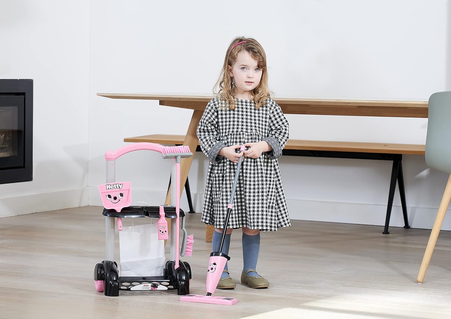 Casdon Henry & Hetty Toys - Hetty Cleaning Trolley - Pink Hetty-Inspired Toy Playset with Mop, Brushes, Dustpan, & Accessories - Kids Cleaning Trolley Set - For Children Aged 3+