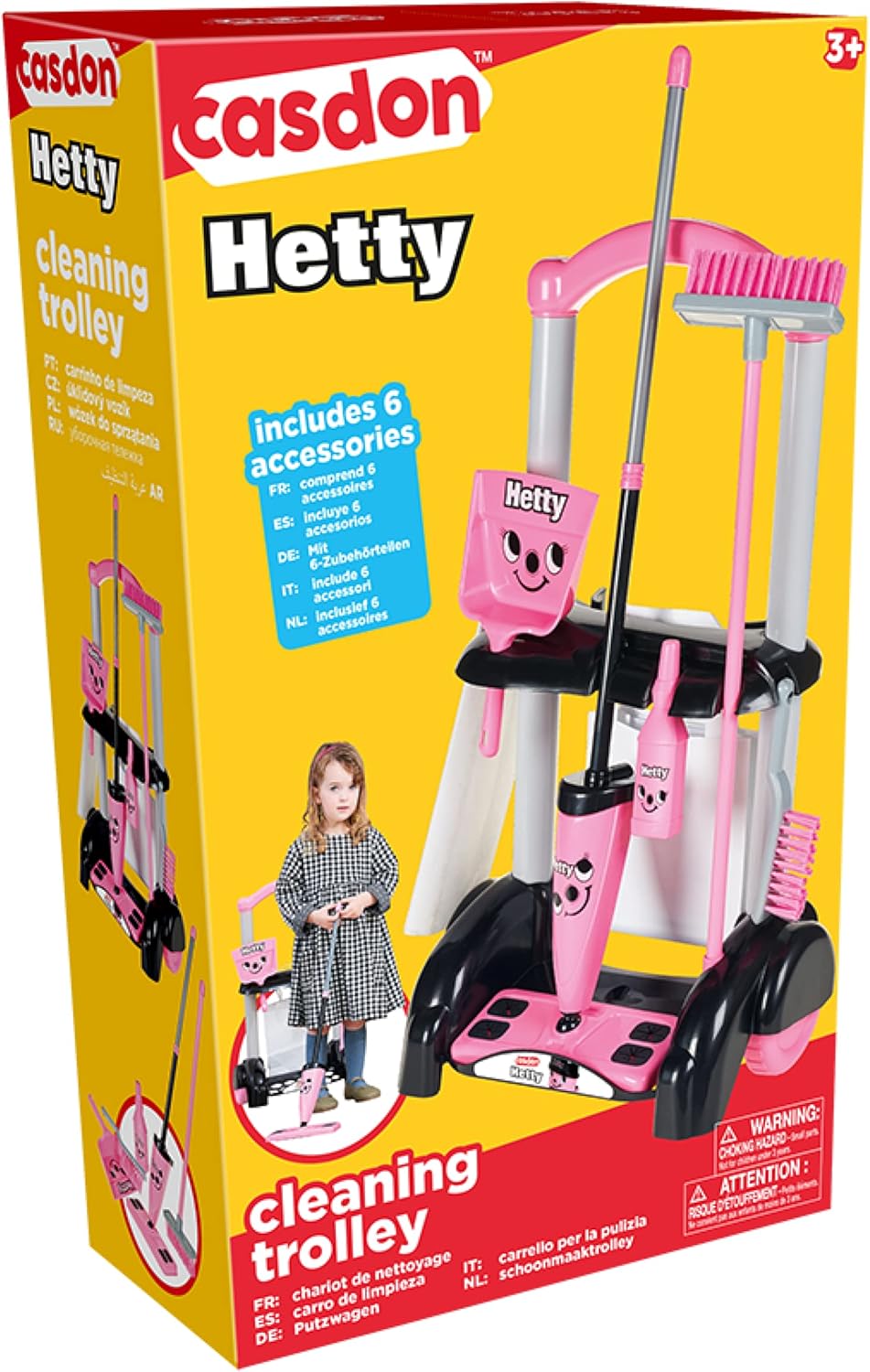 Casdon Henry & Hetty Toys - Hetty Cleaning Trolley - Pink Hetty-Inspired Toy Playset with Mop, Brushes, Dustpan, & Accessories - Kids Cleaning Trolley Set - For Children Aged 3+