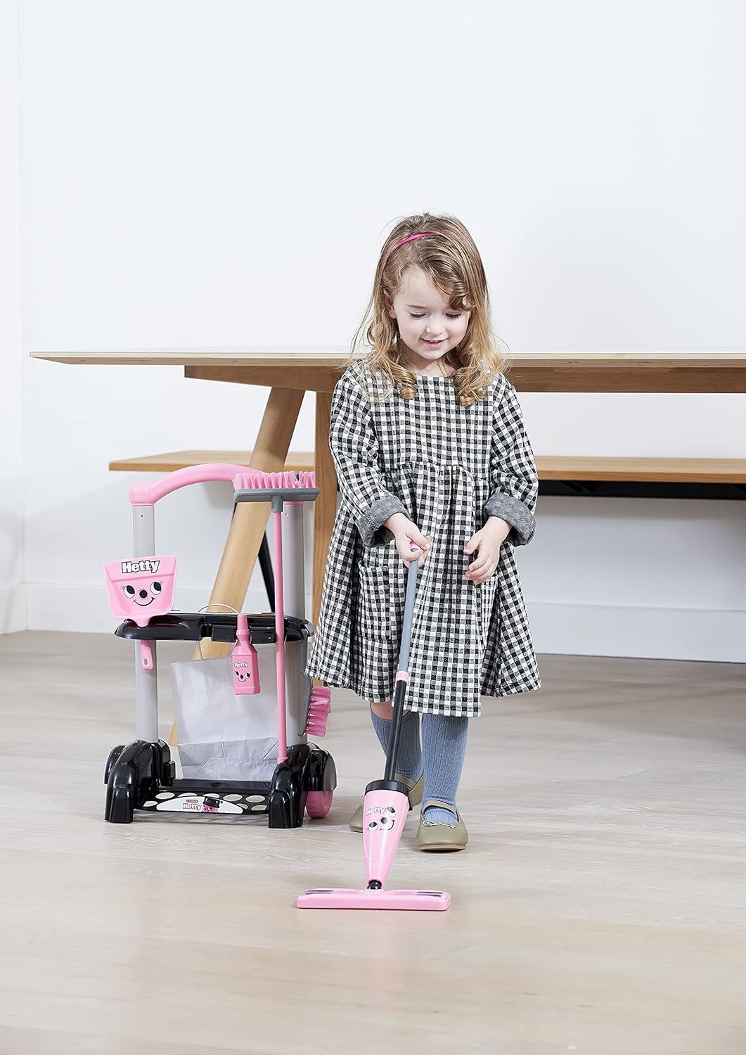 Casdon Henry & Hetty Toys - Hetty Cleaning Trolley - Pink Hetty-Inspired Toy Playset with Mop, Brushes, Dustpan, & Accessories - Kids Cleaning Trolley Set - For Children Aged 3+