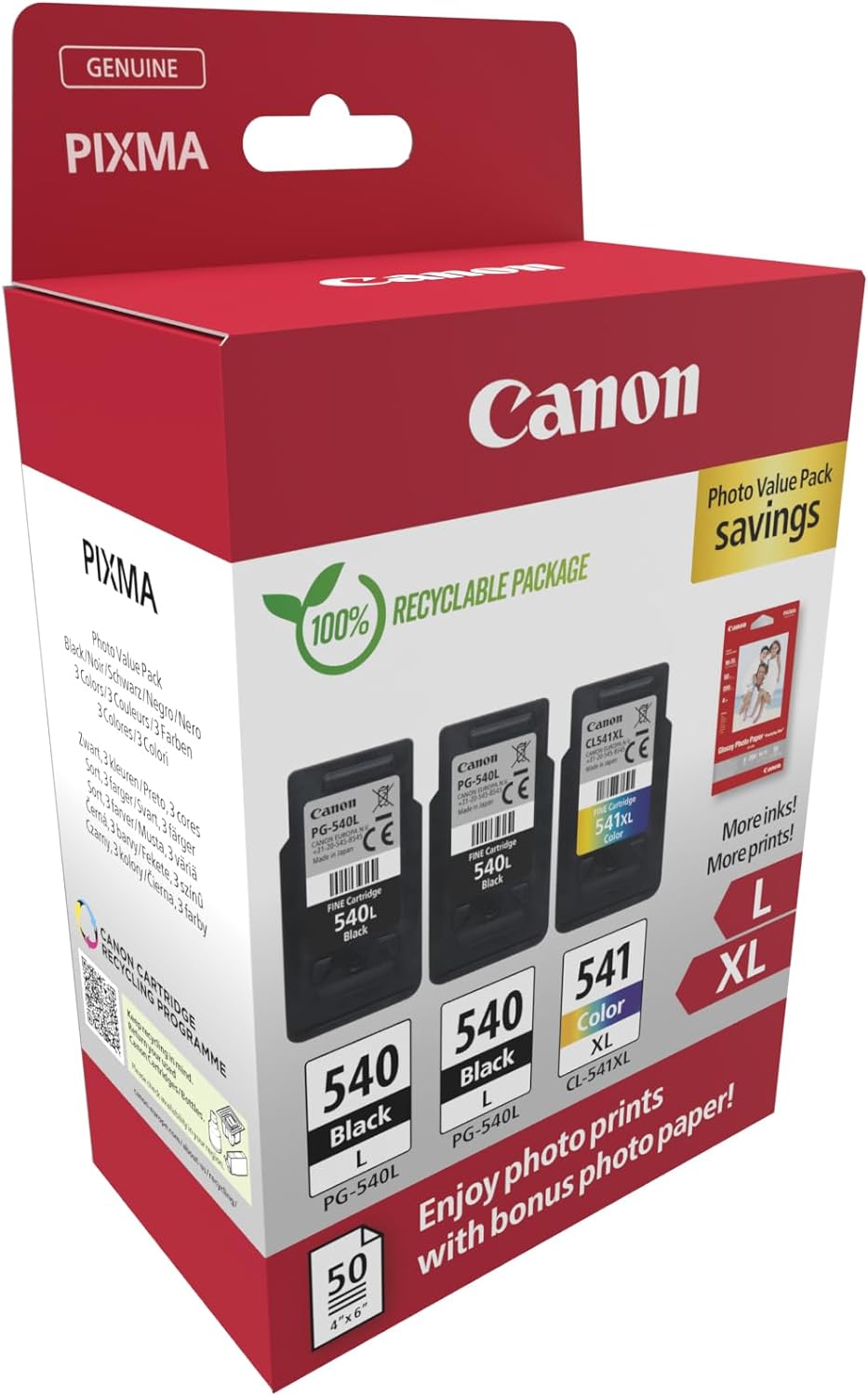 Canon Originaltinte PG-540XL x 2 / CL-541XL (3 Tintenpatronen; 2x Schwarz XL + 1x Farbe XL) - Photo Value Pack (inkl. Canon Fotopapier GP-501 50 Blatt 10x15cm