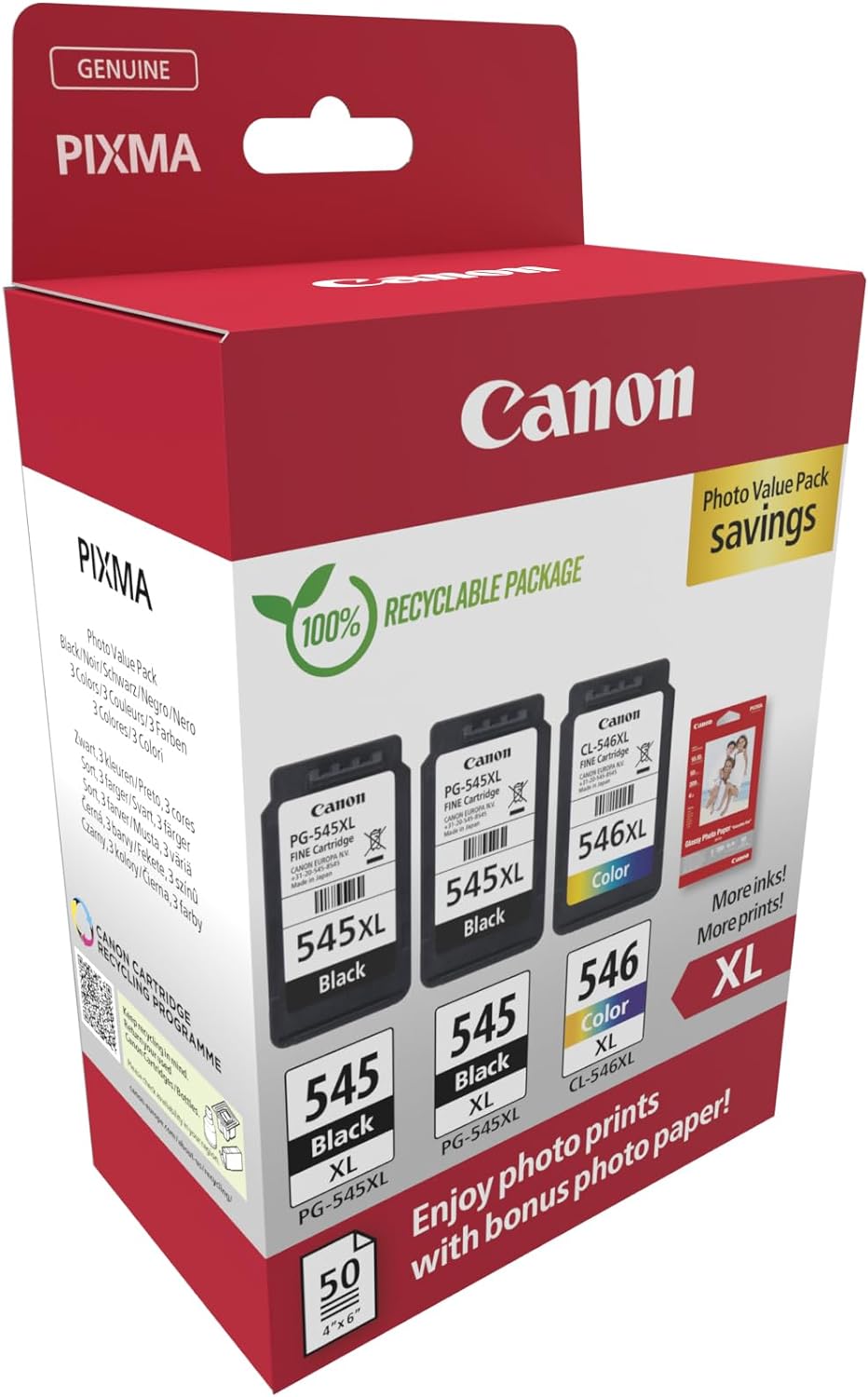 Canon Originaltinte PG-545XL x 2 / CL-546XL (3 Tintenpatronen; 2X Schwarz XL + 1x Farbe XL) - Photo Value Pack (inkl. Canon Fotopapier GP-501 50 Blatt 10x15cm