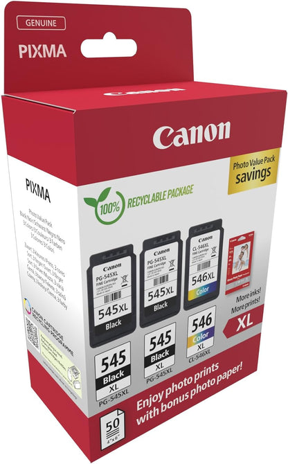 Canon Originaltinte PG-545XL x 2 / CL-546XL (3 Tintenpatronen; 2X Schwarz XL + 1x Farbe XL) - Photo Value Pack (inkl. Canon Fotopapier GP-501 50 Blatt 10x15cm