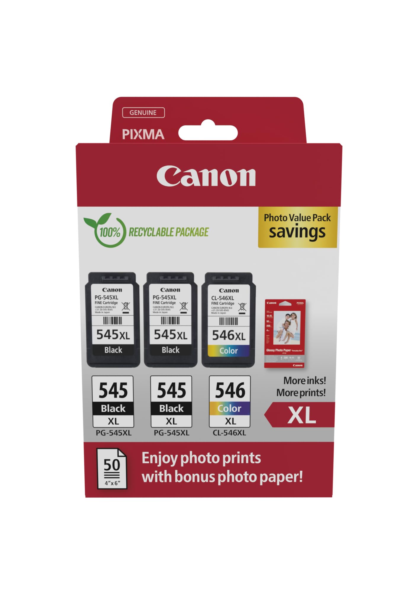 Canon Originaltinte PG-545XL x 2 / CL-546XL (3 Tintenpatronen; 2X Schwarz XL + 1x Farbe XL) - Photo Value Pack (inkl. Canon Fotopapier GP-501 50 Blatt 10x15cm