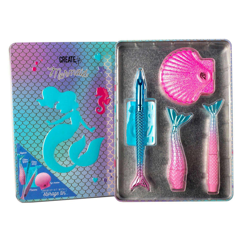 Create It! Meerjungfrau-Make-up-Set für Kinder (Tatoos-Stift + Tattoo-Schablone + Mascara + Lipgloss + Spiegel