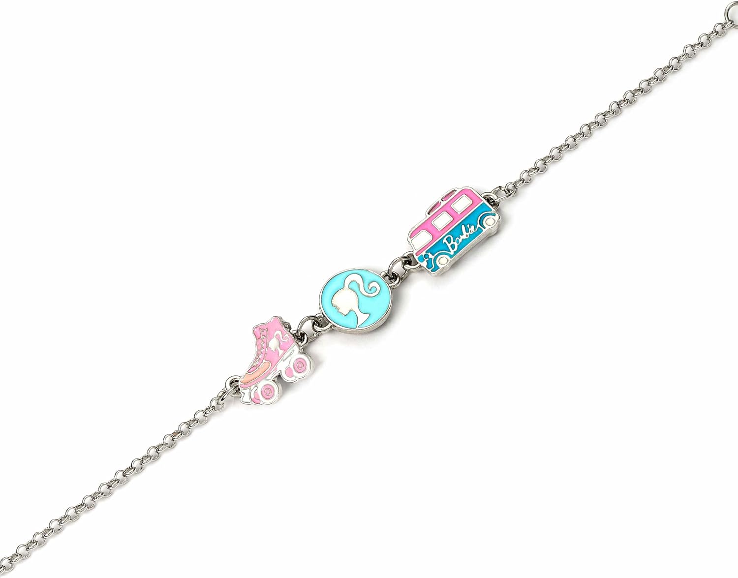 Barbie™ Charm-Armband mit drei emaillierten lustigen Anhängern – Silhouette, Skate und Wohnmobil, Einheitsgröße, Zink