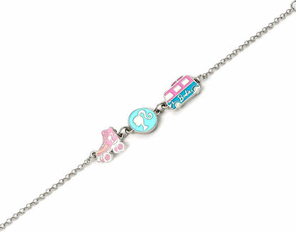 Barbie™ Charm-Armband mit drei emaillierten lustigen Anhängern – Silhouette, Skate und Wohnmobil, Einheitsgröße, Zink