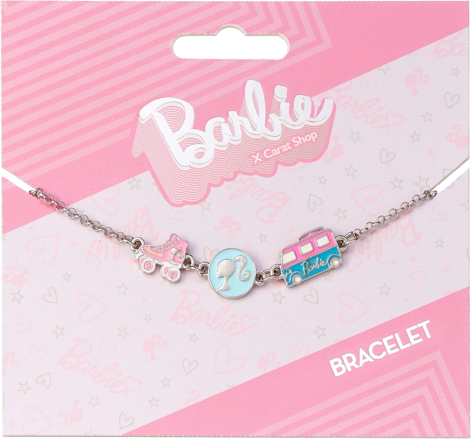 Barbie™ Charm-Armband mit drei emaillierten lustigen Anhängern – Silhouette, Skate und Wohnmobil, Einheitsgröße, Zink