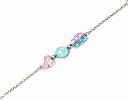 Barbie™ Charm-Armband mit drei emaillierten lustigen Anhängern – Silhouette, Skate und Wohnmobil, Einheitsgröße, Zink